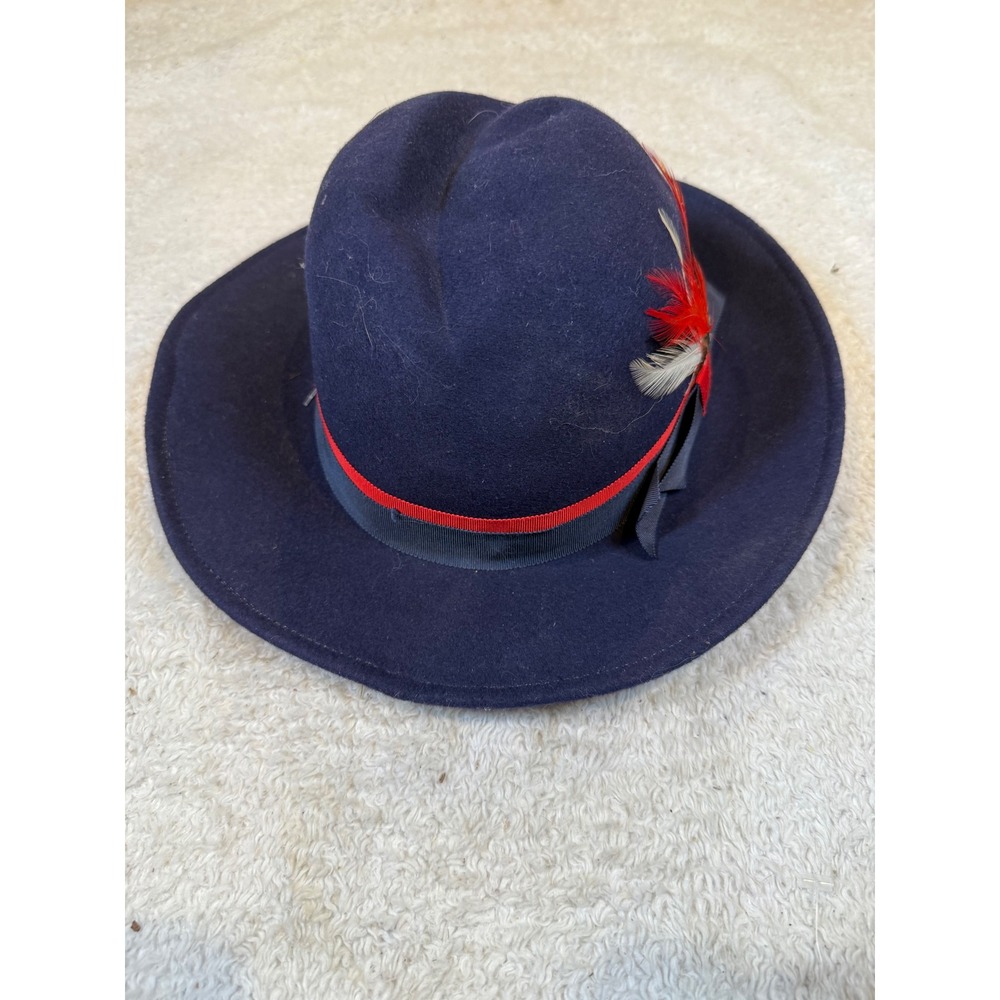 Vintage Tally-Ho Navy Blue Wool Fedora Hat Red Ribbon Feather Made in Poland